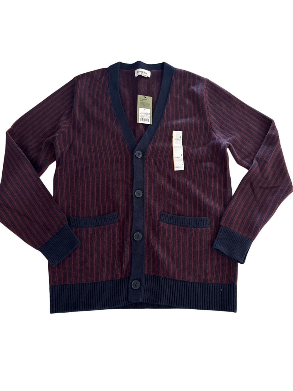 NWT! Men's Navy & Burgundy Striped Cardigan Sweater, Small